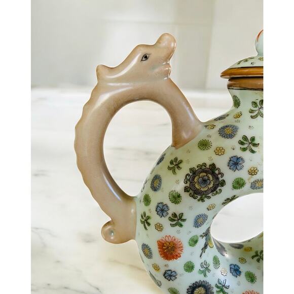 Vintage Chinese Donut Shaped Blue Floral Butterfly Porcelain Tea Pot with Dragon - Picture 12 of 16